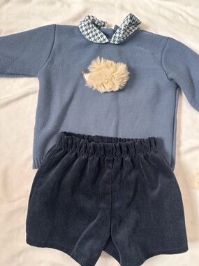 Blue Knit Top with Pom Detail & Navy Corduroy Shorts